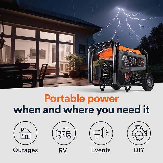Generac 6,875 Starting Watt Portable Gas Generator - Electric Start - Home Backup or RV Ready - Heavy Duty Frame - Quiet, Long Runtime, Emergency Power - 50-State Compliant