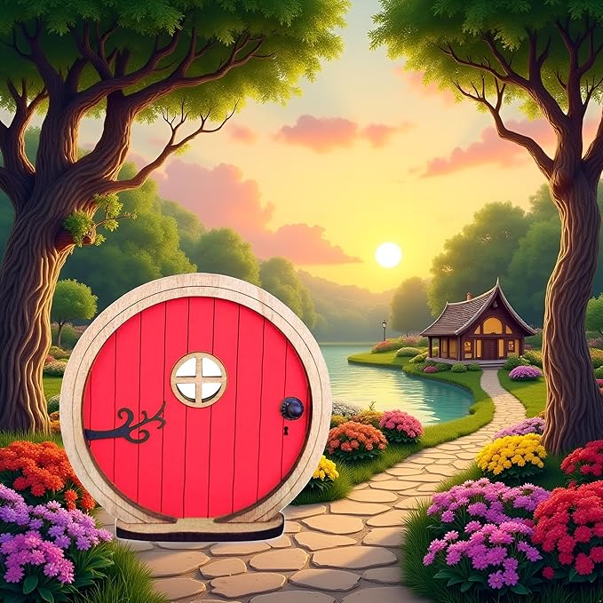 Red Fairy Garden Door for Tree, Fairy Doors for Trees Outdoor and Tree Trunk, Mini Fairy Garden Sculpture Lawn Ornament Decor, Fairytale Tiny House Doors Mini Gift, Fairytales Door Decoration