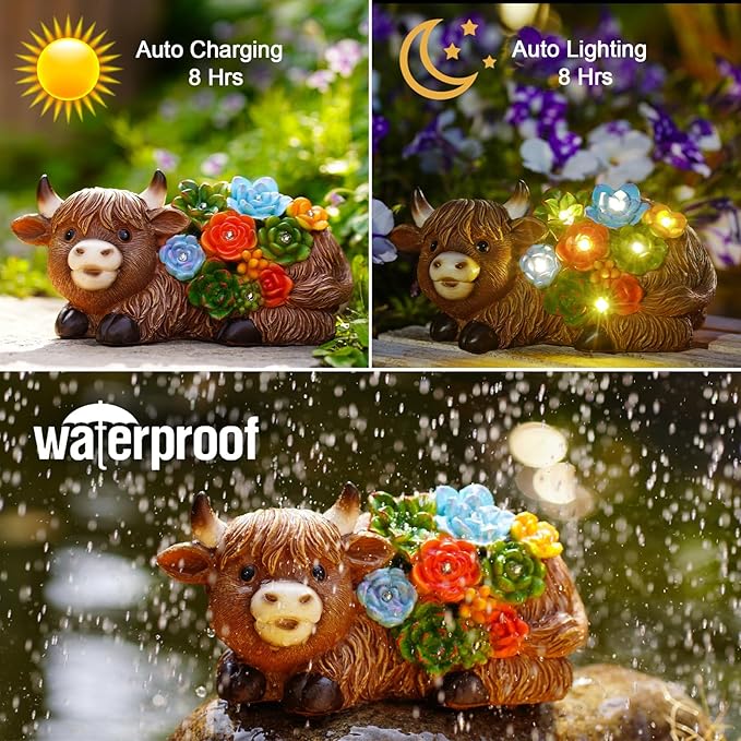 Nacome Solar Garden Statues Highland Cow with Succulent and 6 LED Lights - Lawn Decor for Patio Balcony Yard Ornaments - Birthday Gifts Mom Grandma Women(Brown)