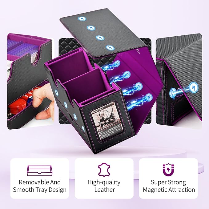 Card Deck Box for MTG, Double Card Storage Box with 2 Commander Display & 1 Dice Tray, Fits 200+ Double Sleeved Cards, Organizer for CCG TCG Sports Cards (Black Purple)