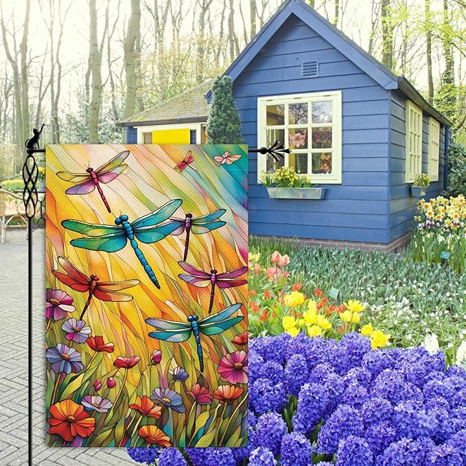 Spring Summer Dragonfly Garden Flag Floral Flowers Garden Flag Vertical Double Sided Rustic Farmland Burlap Yard Lawn Outdoor Decor 12.5x18"