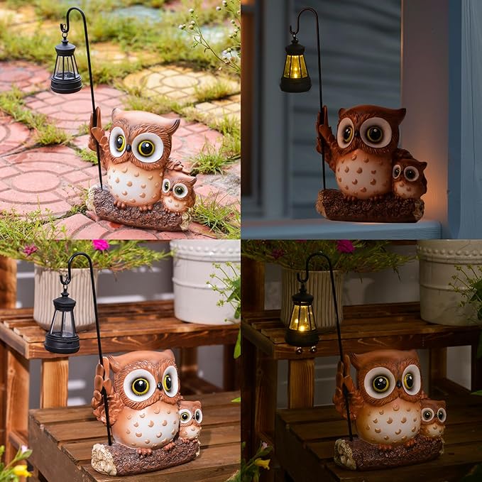 Garden Statues Owl with Solar LED Lantern, Resin Solar Garden Decor for Outside, Yard Decorations Outdoor for Patio, Porch, Balcony, Lawn Ornaments, House Warming Birthday Gifts for Mom Women Grandma