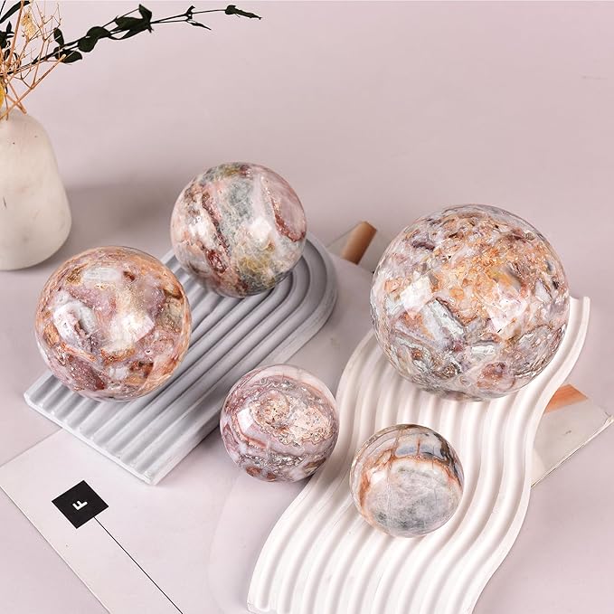 JIC Gem Natural Striped Agate Crystal Sphere with Wooden Stand Decorative Crystal Ball Healing Gemstone Sphere for Meditation Feng Shui Witch-Style Decor70-80mm