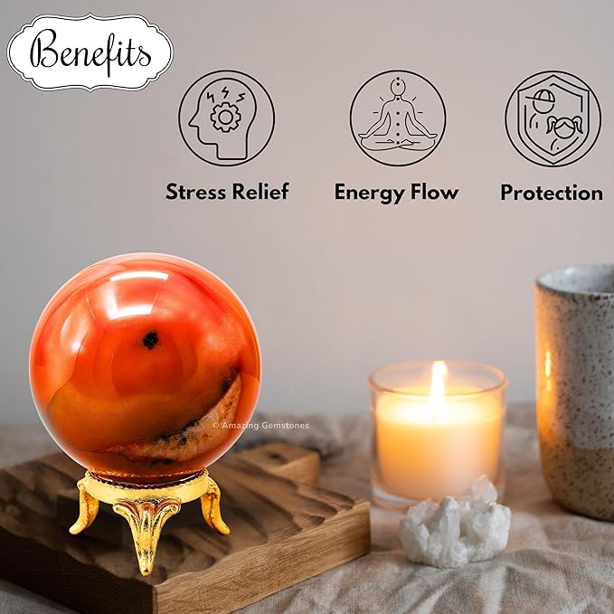 Amazing Gemstone Carnelian Crystal Ball with Stand - 2" Inches Crystal Sphere Meditation Balls for Witchcraft and Decorative Balls