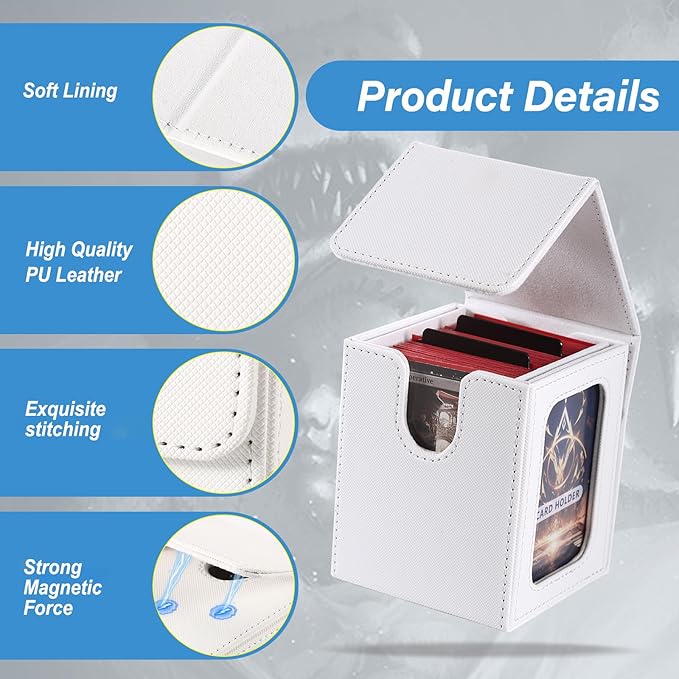 MTG Deck Box, Double Display Window MTG, Commander Deck Box Fits 120+ Single Sleeved Cards, PU Leather Magnetic Closure Card Box with 2 Dividers&2 Toploaders for TCG, CCG, White