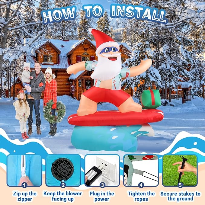 Gardentime 6.5FT Christmas Santa Claus Inflatables Outdoor Decoration Surfing Santa Fun Hawaii Giant Xmas Blowups with Built-in LED Lights for Holiday Indoor Yard Lawn Garden Outside Home Decor