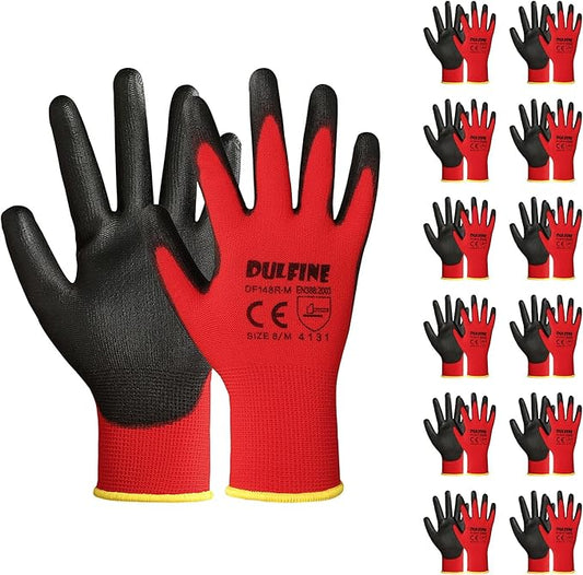 Safety Work Gloves PU Coated-12 Pairs,Red Seamless Knit Glove with Polyurethane Coated Smooth Grip on Palm & Fingers, for Men and Women, Ideal for General Duty Work (Medium)