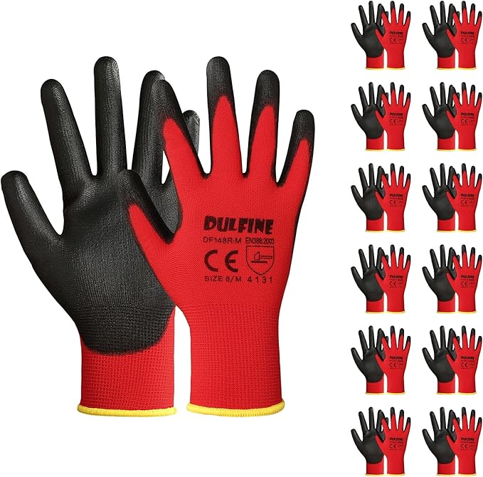 DULFINE Safety Work Gloves PU Coated-12 Pairs,Red Seamless Knit Glove with Polyurethane Coated Smooth Grip on Palm & Fingers, for Men and Women, Ideal for General Duty Work (X-Small)