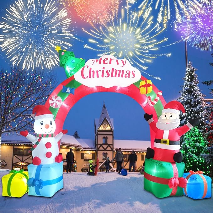 12.5FT Christmas Inflatables Archway, Inflatable Santa Claus and Snowman Sitting on Gift Boxes, Christmas Arch Blow Up Yard Decorations and LED Lights Built-in for Party Indoor, Outside, Garden, Lawn