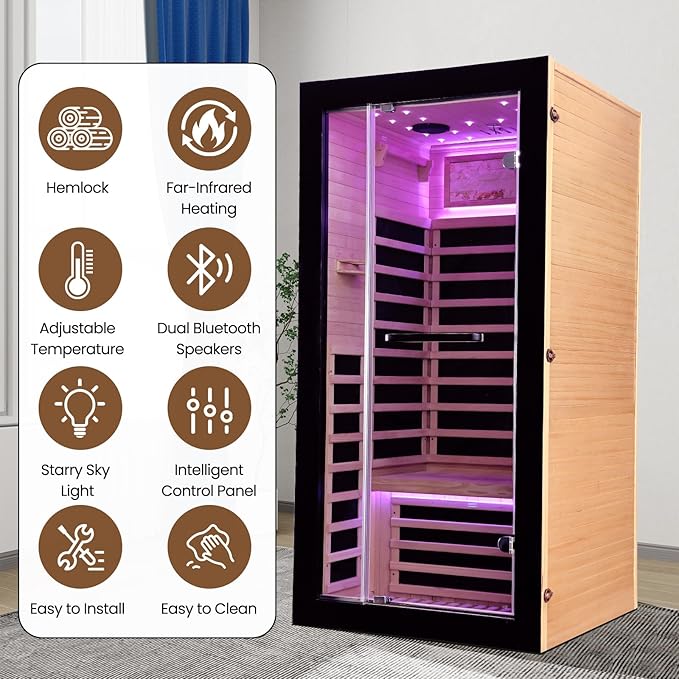 Far Infrared Sauna Home Sauna Indoor 1 Person Hemlock Wood Saunas 1450W 120V with Red Light Bluetooth Speakers 35.4"x35.4"x70.9"