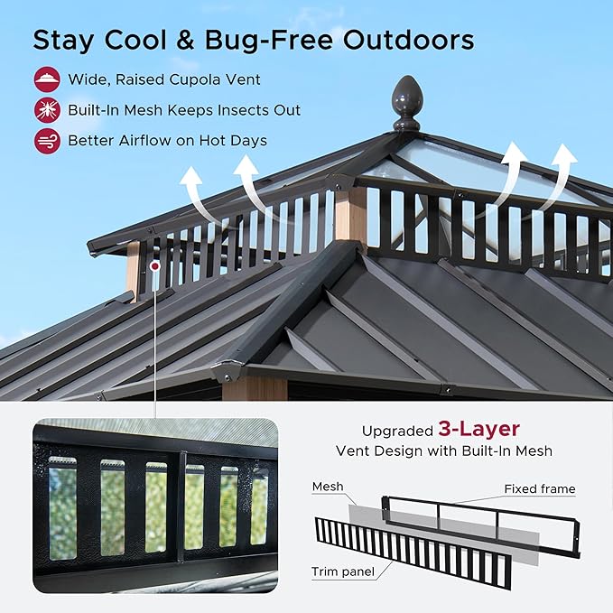 SUNJOY Kingston 10' x 10' Hardtop Gazebo with Galvanized Steel/Polycarbonate Double Roof, Curtain and Netting, Woodgrain Finish Aluminum Posts Permanent Pavilion Gazebo for Garden, Patio, Deck, Lawn