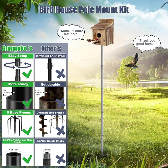 Gtongoko Smart Bird Feeder Pole 63 Inch Bluebird House Pole for Outdoors Weather Station Heavy Duty Metal Mounting Kit Adjustable Bird Feeder Stand Black