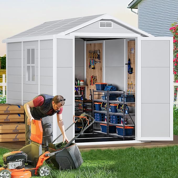 8.7x5.5 FT Resin Outdoor Storage Shed with Floor, Weather-Resistant Plastic Garden Shed with Windows, Lockable Door and Vents, Outside Tool Storage Sheds for Backyard, Garden, Lawn, Grey