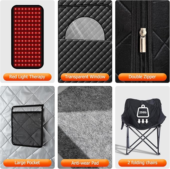 Portable Infrared Sauna with Red Light Therapy Lamp, 2 Person Steam Saunas Tent with 2 Large Folding Chairs, Remote Control, Dry Heated Indoor Home Spa for Gym/Pilates/Garage