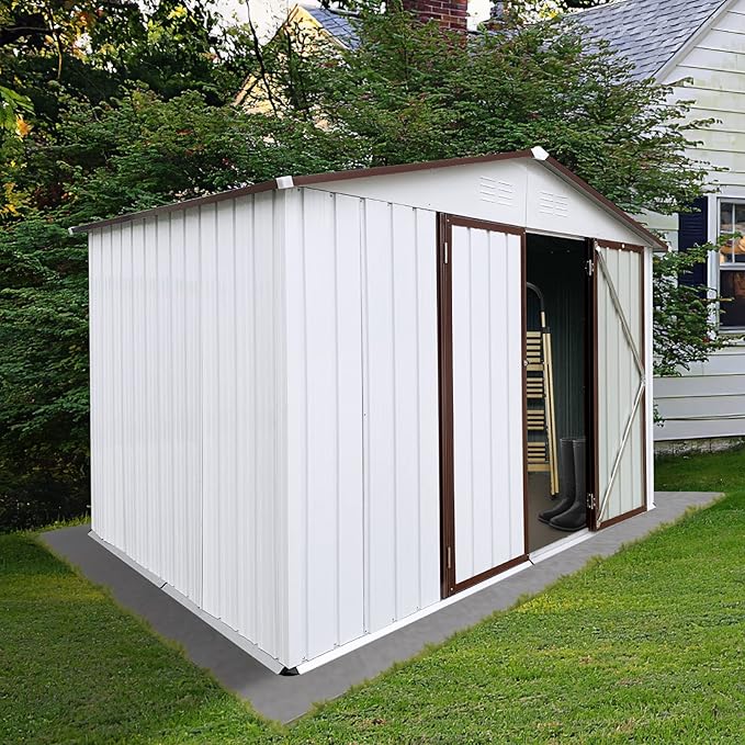 10 x8 FT Metal Outdoor Storage Shed & Double Hinged Large Door - Heavy-Duty Shed with Floor, Lockable & Ventilation - Rainproof Windproof Large Utility Garden Shed for Backyard Patio Lawn - Brown