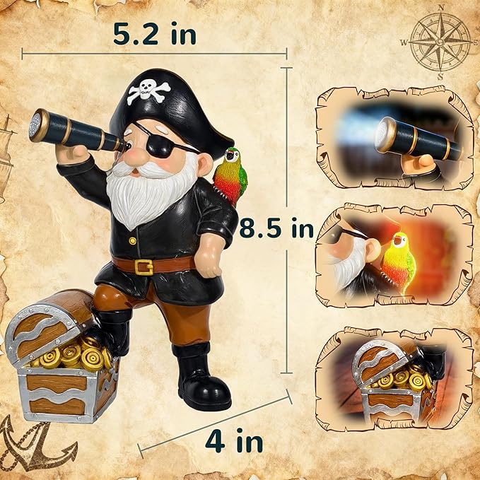 Solar Pirate Gnome Statue – Whimsical Outdoor Garden Decor for Yard, Patio, Lawn, Backyard – Ideal Gift for Women, Garden Lovers, Moms, Birthdays