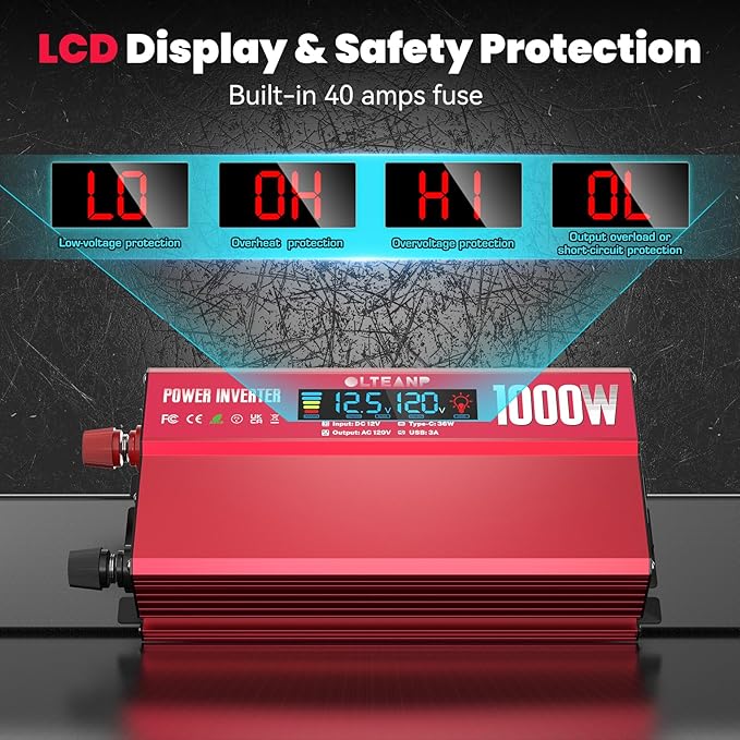 1000W Power Inverter with LCD Screen Display, 2 AC Outlets, 36W Type-C Port, 5V/3A USB Port, 12V DC to 110V/120V AC Inverter for Truck, Home, Vehicles, Laptop, Trip