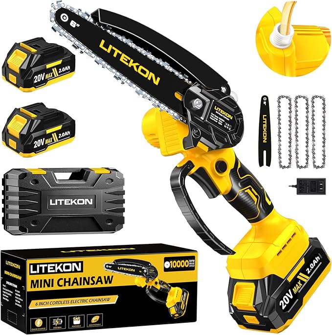Mini Chainsaw with 1000 Watt High Power Motor, 36 FT/S Cordless Power Chainsaw with Auto-Oil System, 2025 Upgraded 6Inch 20V Electric Chain Saw with 2x2000mAh Battery & Quick Charger, 3 Chains