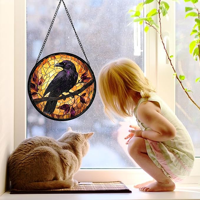 Stained Glass Window Hanging - Crow on a Branch Suncatcher Ready to Hang Window Doors Home Decoration and Christmas, Mother's Day Birthday Gifts for Women, Men, and Mom 9.8x9.8 in