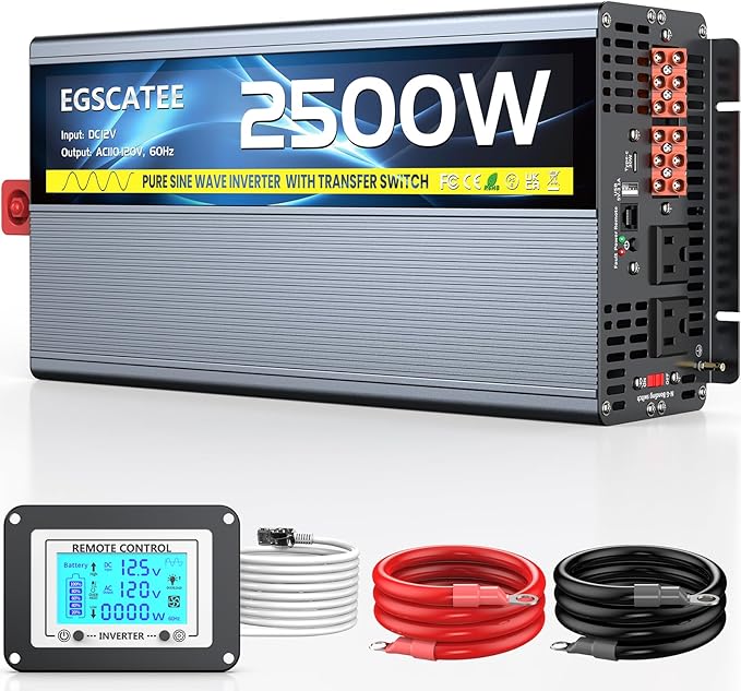 2500W Pure Sine Wave Inverter with Transfer Switch, 12V DC to 120V AC Converter with 2AC Outlets, USB Port, Type-C Port, Remote Controller, Power Inverter for RV, Outdoor, Auto Swtich to Shore Power