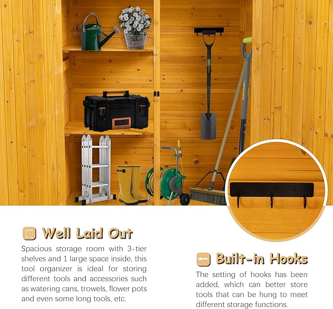 Outdoor Storage Cabinet, Double Lockable Wooden Garden Shed, Outside Vertical Wood Tall Tool Shed for Yard Patio Lawn (Natural)