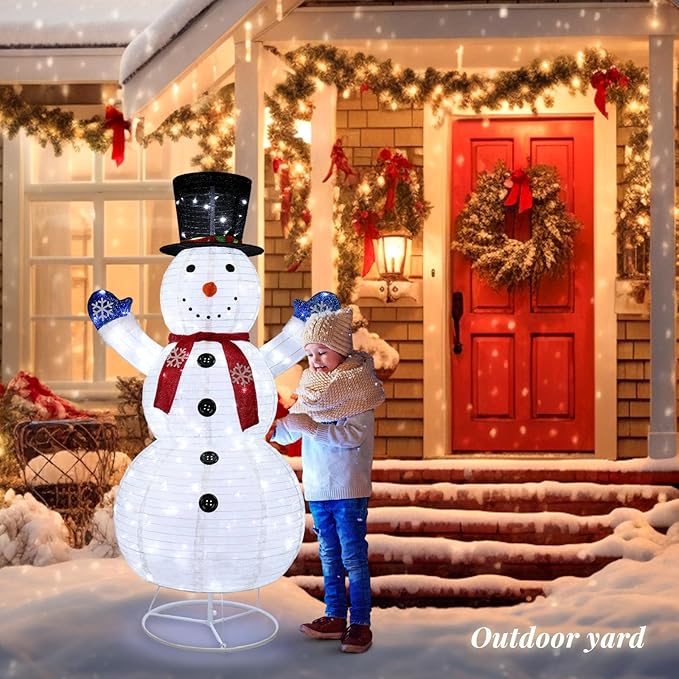Outvita Outdoor Christmas Decorations 6ft Lighted Snowman, White Snowman with Twinkle Lights Red Scarf Black Hat, Foldable Snowman for Xmas Indoor and Outdoor Garden, Yard Decor