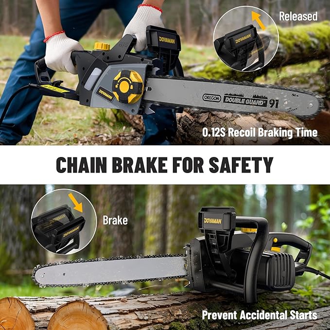 DCS08A Electric Chainsaw, One-Step Tool-Free Tensioning, Oregon Bar ＆ Chain, Low Kickback, Mechanical Brake, Automatic Chain Lubrication, 18-Inch 15-Amp Electric Chainsaw corded with 2 Chains