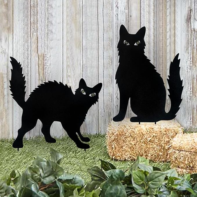 WAIU Halloween Metal Cat Yard Stakes Glow in The Dark Black Cat Silhouette Outdoor Decor for Garden Lawn Patio Spooky Halloween Party Yard Art Decoration, Set of 2