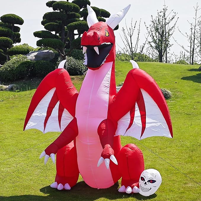 DearSun 8FT H Halloween Inflatable Dragon with Skull Next to The Foot, Blow up Dragon Inflatable with Red Flame lamp Inside Outdoor Decorations Large Party Yard Decoration