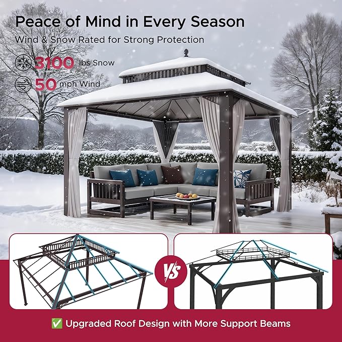 SUNJOY Kingston 12' x 12' Hardtop Gazebo with Galvanized Steel Double Roof, Curtain and Netting, Brown Aluminum Posts Permanent Pavilion Gazebo for Garden, Patio, Deck, Lawn