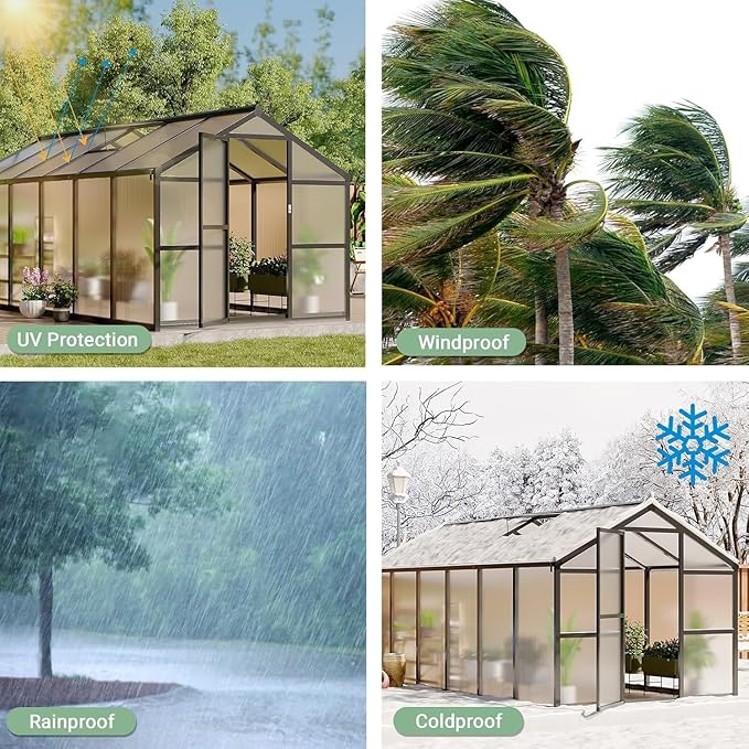 Greenhouse, 8x12 Ft Outdoor Greenhouses, Accessible Green House with Roof Vents and Sliding Doors, Aluminum Frame Polycarbonate Greenhouses, Large Greenhouse for Outdoor Gardens and Backyards, Silver