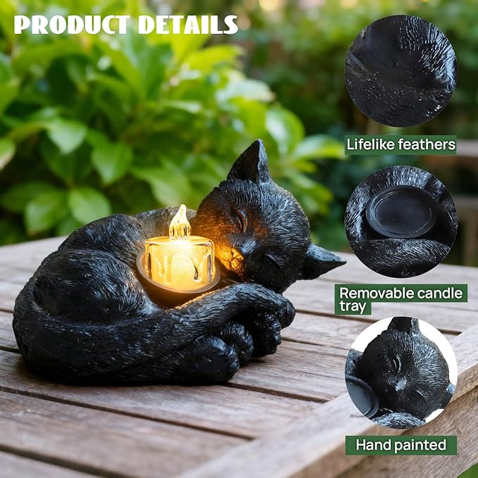 Sleeping Cat Candle Holder Statue Realistic Resin Cat Figurine with Candle Tray Outdoor Garden Decor for Patio Yard or Indoor Use for Cat Lovers Women and Memorials Black
