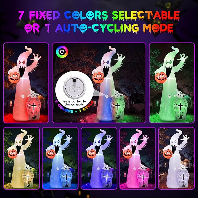 Elegear 12FT Halloween Inflatable Blow Up with Motion-Activated Screaming, 8-Mode Color Changing Flame Lights, Spooky Ghost Halloween Inflatables Outdoor Decorations for Yard Lawn Garden Porch Party