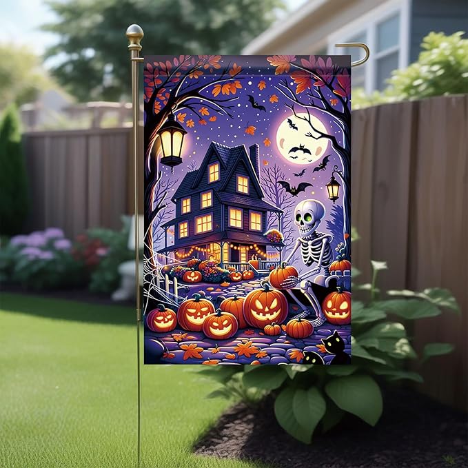Halloween Garden Flag Skeleton Flag 12x18 Inch Haunted House Pumpkin Yard Banner Double Sided Outdoor Spooky Decor for Lawn Porch Patio Trick or Treat Holiday Seasonal House Decoration