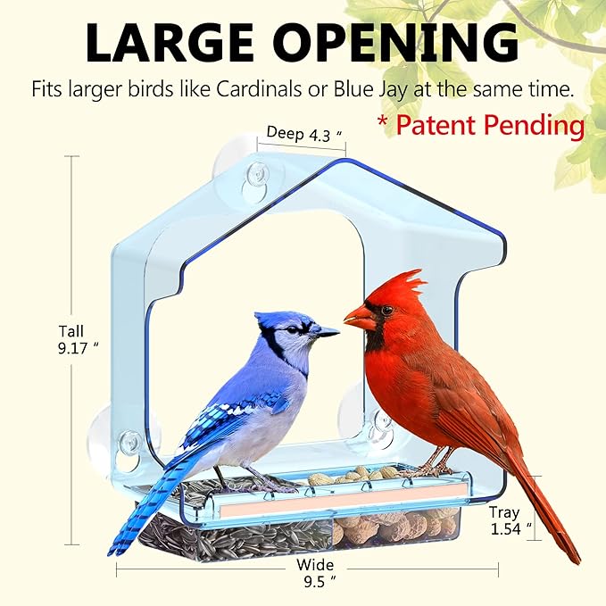 LUJII Blue Window Bird Feeder for Outside, All One Piece Design Non-breakable, Accommodates Large Birds Like Cardinals or Blue Birds, Lift-up Tray for Easy Cleaning & Refilling