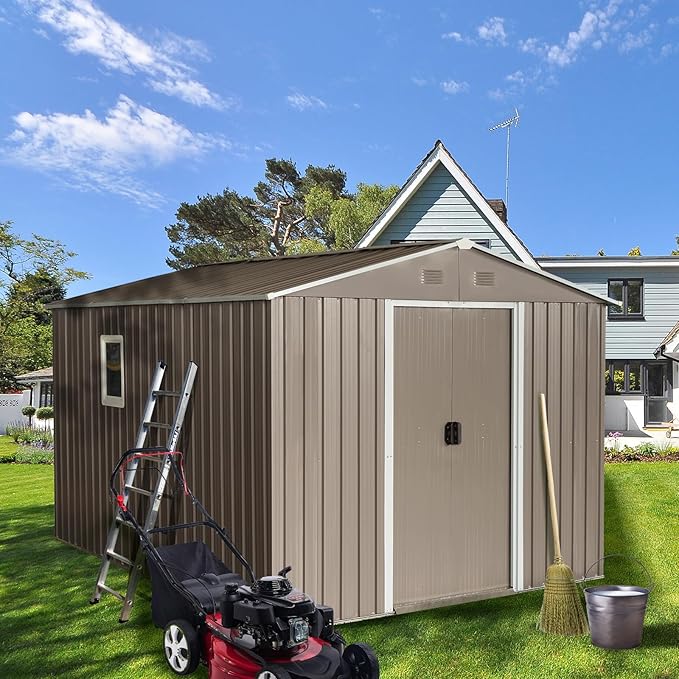 8x10 FT Outdoor Metal Shed,Tool Storage Cabinet with Floor Base and Window,Sliding Doors & Padlock,Waterproof Oversized Shelter for Shovels,Umbrellas,Grey