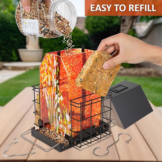 LUJII Solar Bird Feeder for Outdoor Hanging, 2 Suet Cake Cages, Hand-Blown Glass Container, Metal Roof, All-Weather Design for Woodpeckers, Red