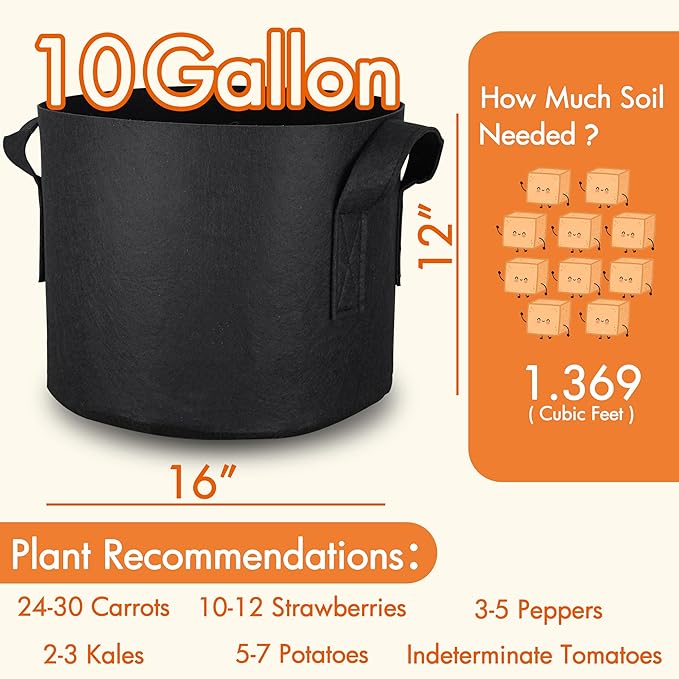 Gardzen 20-Pack 10 Gallon Grow Bags, Aeration Fabric Pots with Handles, Pot for Plants