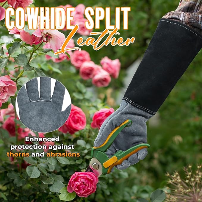 HANDLANDY Long Gardening Gloves for Men & Women, Cowhide Leather Rose Pruning Gloves, Breathable Thorn Proof Gauntlet Glove (Dark Grey-Black, M)