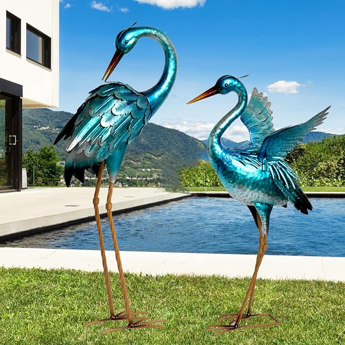 Garden Crane Statues for Outdoor Blue Heron Metal Birds Yard Art Ornaments for Backyard Pond Patio Porch Outside Decorations