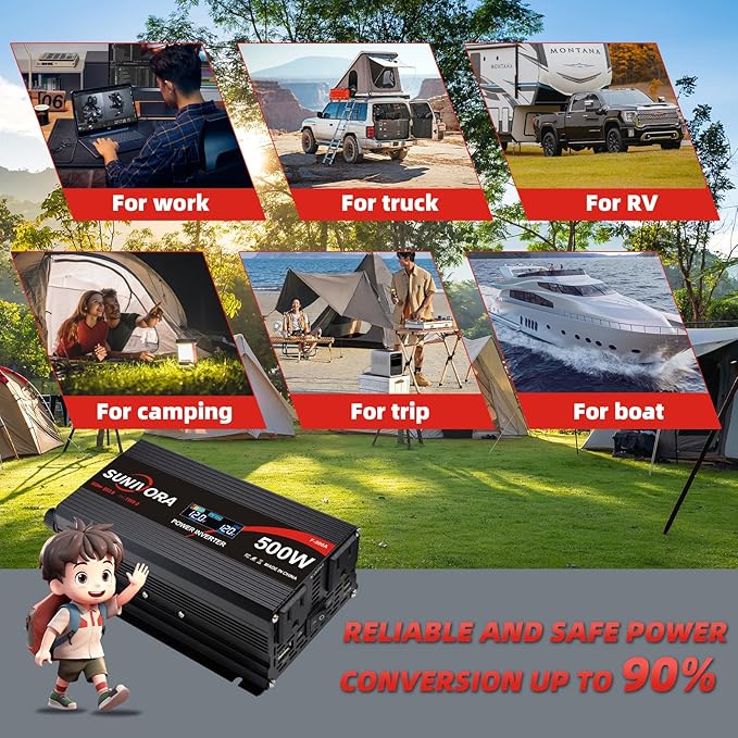 500 Watt Inverter with LCD Display 12V DC to 110V/120V AC 1000 Watt(Peak) Car Power Inverter with 2 AC Outlets 20W PD USB-C and 18W QC USB-A Power Converter for Car, Laptops, Road Trip