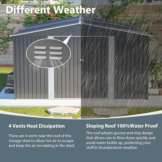 12x14 FT Shed Outdoor Storage Metal Large Garden Tool Sheds with Lockable Doors Floor Frame Gable Roof Waterproof Steel Utility Equipment Sheds for Backyard Patio Lawn Poolside, Black