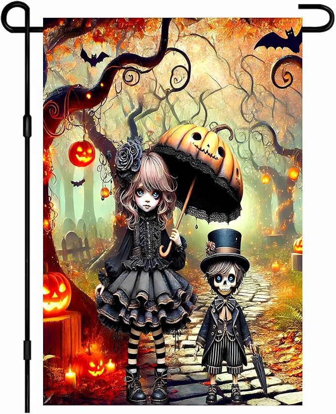 Halloween Horror Garden Flag 12x18 Inch Gothic Doll Pumpkin Umbrella Skull Boy Flag Outdoor Yard Decoration House Banner Porch Lawn Patio Home Decor