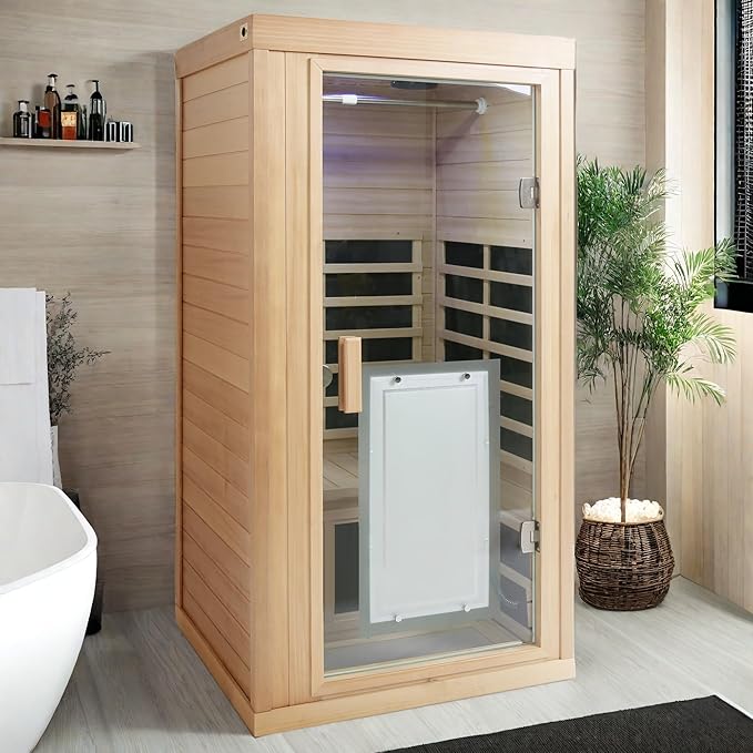 Infrared Sauna for Home One Person Far Infrared Hemlock Standard Indoor Sauna Room with Bluetooth Audio, Reading Light, Natural