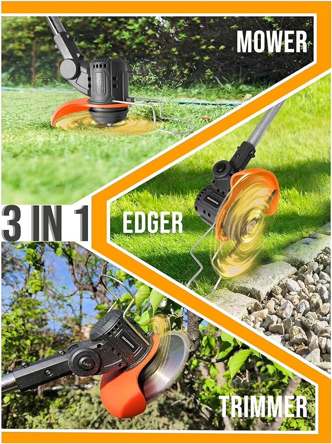 Electric Weed Wacker Cordless, 21V Weed Eater Battery Powered with 2 Batteries and Charger, 3 in 1 Electric Grass Trimmer Cordless Edger Brush Cutter with Saw & Metal Blade for Lawn Garden Yard