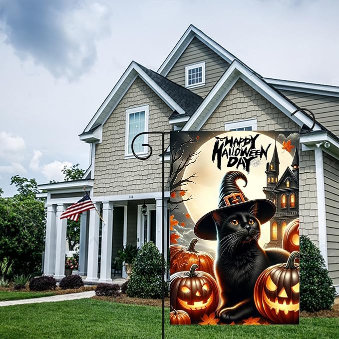Happy Halloween Day Garden Flag Black Cat Flag Witch Hat Pumpkins 12x18 Inch Double Sided Spooky Outdoor Yard Decor House Banner Porch Lawn Patio Home Decoration