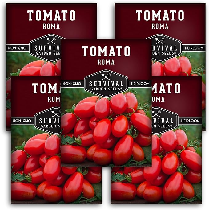 Survival Garden Seeds - Roma Tomato Seed for Planting - 5 Packs with Instructions to Plant and Grow Italian Roma Tomatoes in Your Home Vegetable Garden - Canning Favorite - Non-GMO Heirloom Variety