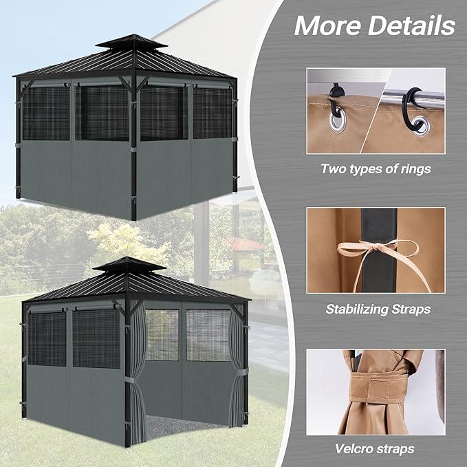 Gazebo Privacy Curtain 10'x12', Replacement Curtains with Mosquito Net Windows, 4-Panels Side Wall, Zippers, Waterproof Outdoor Curtains for Patio, Canopy, Garden and Backyard, Gray (Curtain Only)