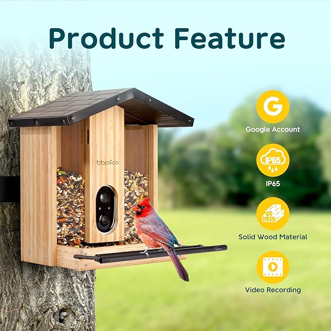 Bird Feeder with Camera Solar Powered, Smart Bird Feeder with AI Identify for 10000 Plus Species, Auto Capture & Real-time Notifications, Ideal Gift for Birdwatching, Bamboo