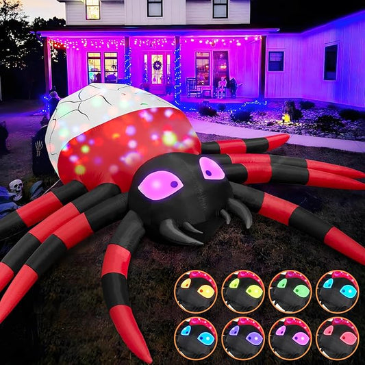 12FT Halloween Inflatable Scary Giant Spider Decorations Outdoor,Halloween Blow Up Yard Decorations Built-in 8 Rotating LED Lights,Party Decorations,Haunted House Decor,for Garden,Lawn.